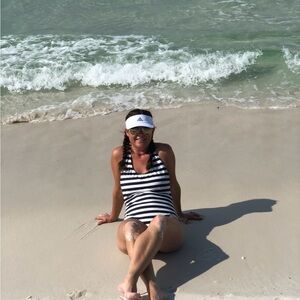 GAP Navy White Striped One Piece Swimsuit L Classic Nautical